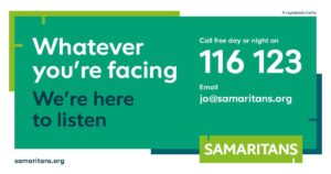Samaritans informational picture and number to call for help - 116 123